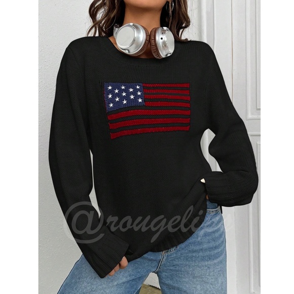 Rouge! Sweaters - American Flag Knit Black Pullover Sweater Crew Neck Long Sleeve Drop Shoulder
